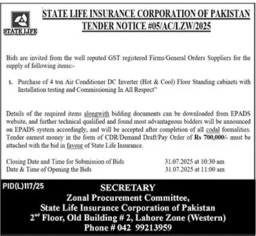 State Life Insurance Corporation of Pakistan Lahore Tender Notice